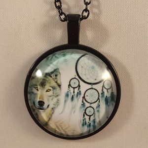 Men's Silver Gray Wolf Native Warrior Pendant Cabochon Black Chain Necklace Gift